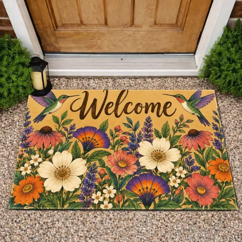 Hummingbird And Wildflower Welcome Garden For Cheerful Everyday Entryway Home Decor Doormat