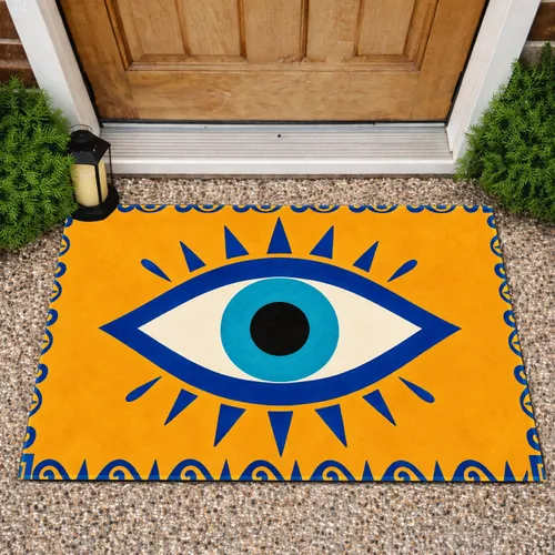 Cobalt Blue Eye Symbol with Folk Art Border for a Bold Colorful Entryway Home Doormat