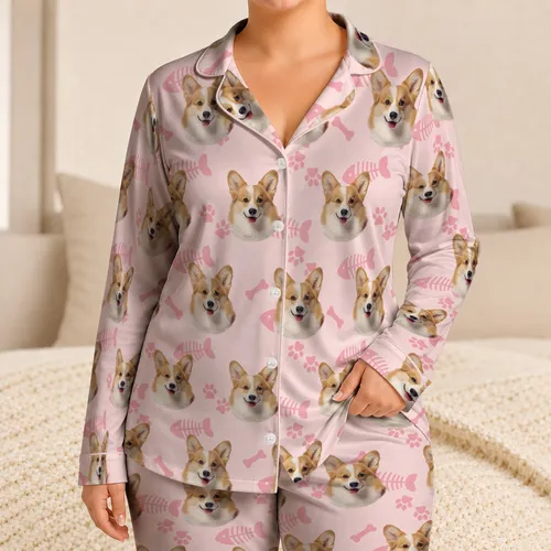 Personalized Pet Face Pajamas – Custom Dog & Cat Photo, Paw Print Satin Pajama Set Birthday Gift