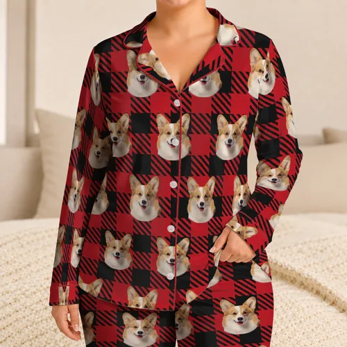 Personalized Pet Face Pajamas – Custom Dog & Cat Photo, Buffalo Check & Nordic Knit Satin Pajama Set Christmas Gift