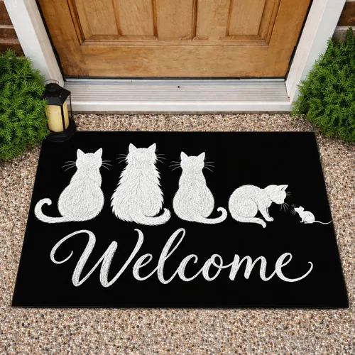 Four Cat Silhouettes and Little Mouse for a Charming Pet-Loving Home Entryway Gift Doormat