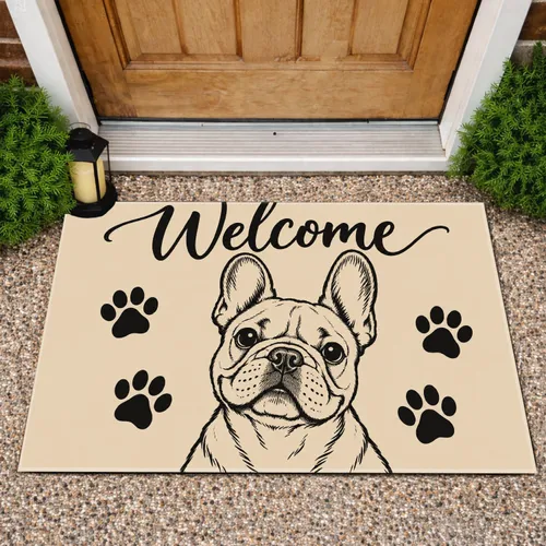 French Bulldog Welcome Paw Prints for a Cheerful Home Entryway for Frenchie Lovers Doormat