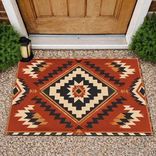 Terracotta Southwestern Diamond Motifs for Warm Rustic Bohemian Home Entryways Style Doormat