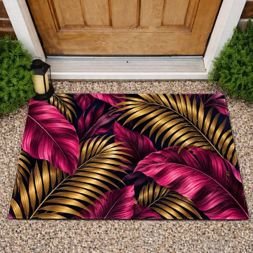 Golden And Fuchsia Palm Leaves For Tropical Entryways And Vibrant Modern Home Decor Doormat