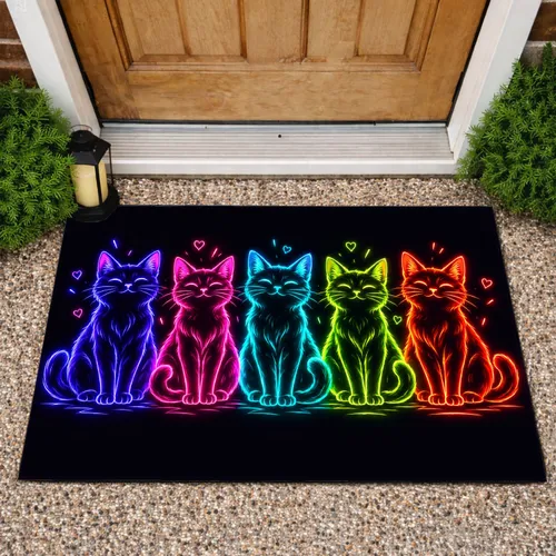Rainbow Neon Cats for Playful Pet-Loving Homes and Cat Enthusiasts of All Ages Doormat