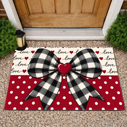 Red Plaid Bow and Heart Motif for Valentine Season and Cozy Home Entryway Styling Doormat