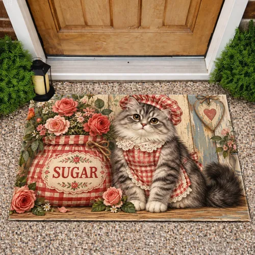 Vintage Cat With Roses For Cozy Cottage Kitchen And Country Home Decor For Cat Lovers Doormat
