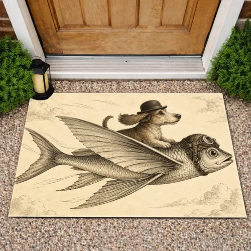 Vintage Flying Fish and Bowler-Hat Dog for Whimsical Entryway Style in Eclectic Homes Doormat