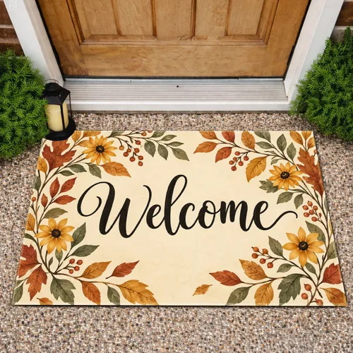 Autumn Leaves with Welcome Script for a Cozy Harvest Season Home Entryway Style Doormat