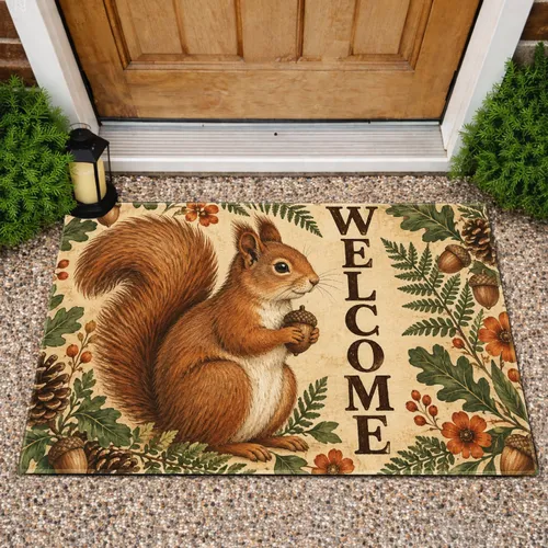 Rustic Squirrel And Woodland Botanicals For A Cozy Forest-Inspired Entryway Welcome Doormat