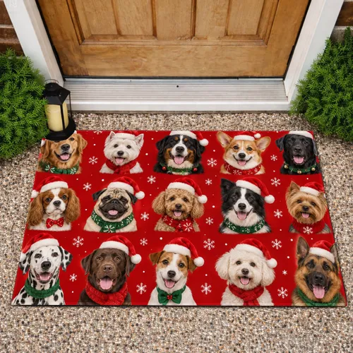 Christmas Dogs in Santa Hats for Festive Holiday Homes, Pet Lovers and Holiday Cheer Doormat