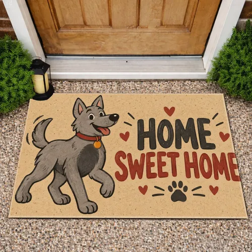 Cheerful Gray Cartoon Dog and Home Sweet Home Entryway Decor for Pet-Loving Households Doormat