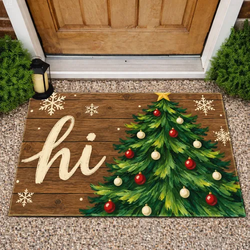 Hand Painted Green Christmas Tree with Star for Cozy Holiday Entryway Seasonal Decor Doormat