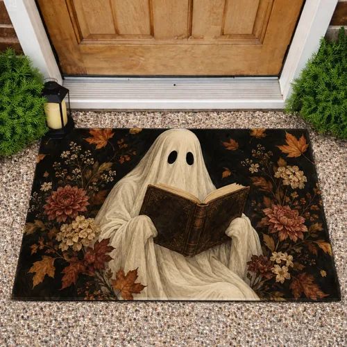Ghost Reading an Antique Book for Spooky Victorian Halloween and Gothic Seasonal Decor Doormat