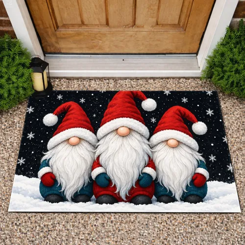 Three Christmas Gnomes In Snowy Night For Festive Winter Entryways And Holiday Homes Doormat