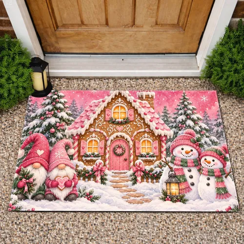 Pink Gingerbread House with Gnomes and Snowmen for Cozy Christmas Winter Cheer Doormat