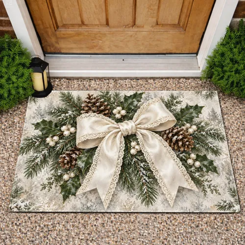 Pinecone Lace Christmas Bow Holiday Decor for Cozy Rustic Winter Homes Doormat