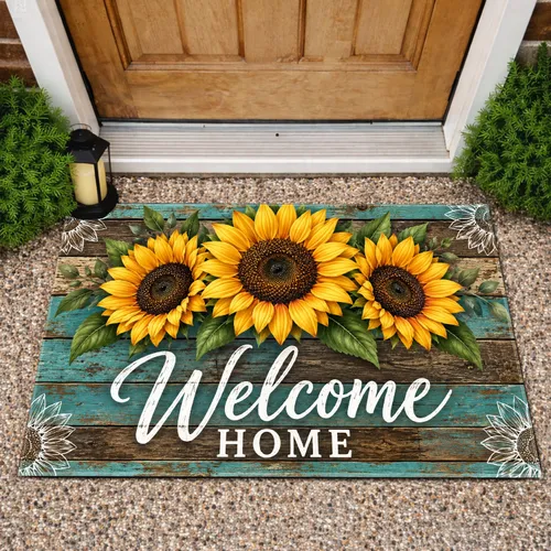 Turquoise Sunflowers Welcome Home Rustic Farmhouse Entryway Country House Style Doormat