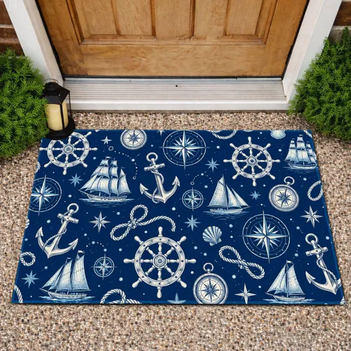 Nautical Compass Roses, Anchors and Ship Wheels for Coastal Entryways and Seaside Homes Doormat