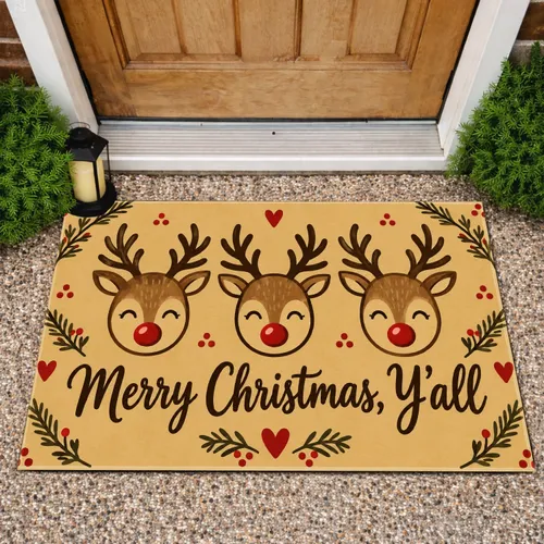 Three Reindeer Merry Christmas Y’all Holiday Cheer for Festive Homes Doormat