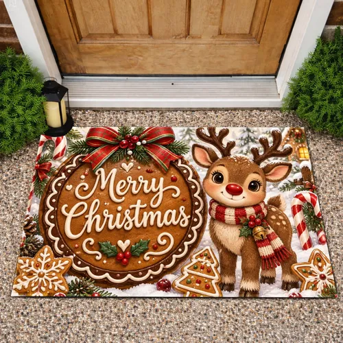 Gingerbread Cookie And Reindeer Merry Christmas Cheer For Cozy Holiday Celebrations Doormat