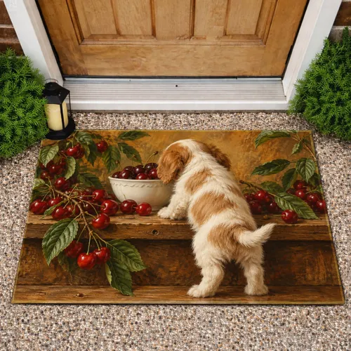Red Cherries And Curious Puppy For A Warm, Welcoming Home Kitchen Entry Doormat
