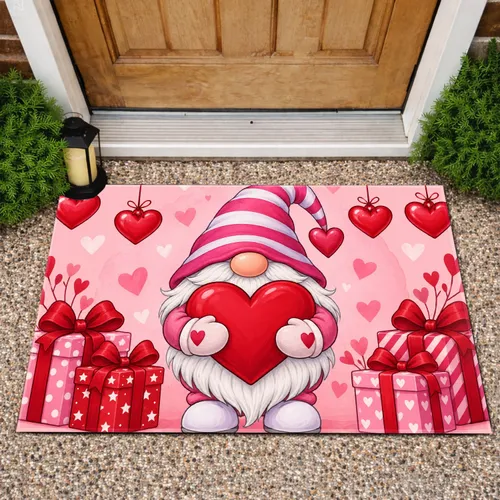 Valentine Gnome Holding a Heart with Gifts for Sweet Seasonal Celebrations Doormat