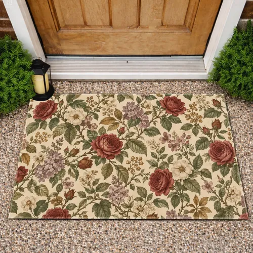 Vintage Woodland Leaves, Red Roses And Wildflowers For A Cozy Nature-Inspired Home Doormat