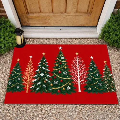 Seven Christmas Trees With Gold Stars for Festive Holiday Home Decorating Doormat