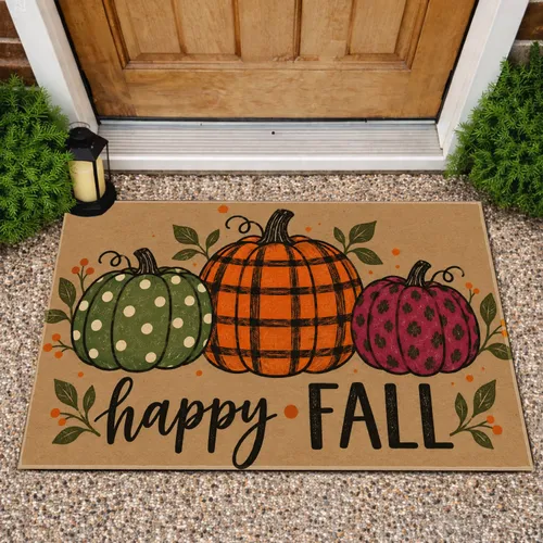 Autumn Pumpkin Trio with Happy Fall Greeting for Cozy Farmhouse Entryway Decor Doormat