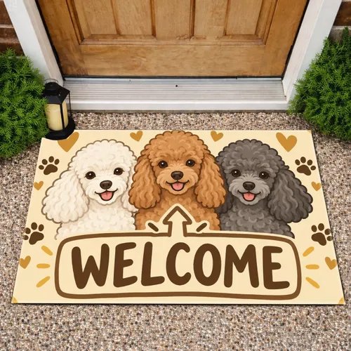 Three Cute Poodle Faces for Cheerful Entryway Decor and Dog Lover Housewarming Gifts Doormat