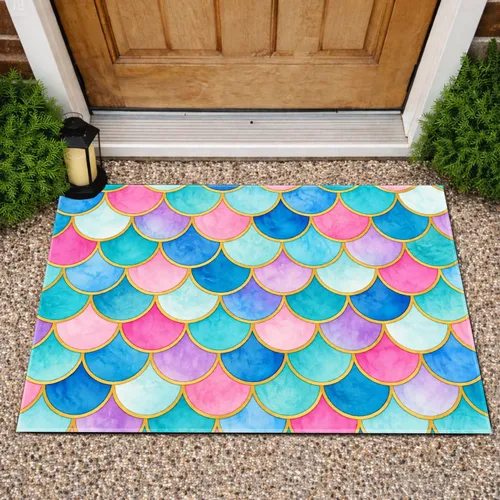 Mermaid Scale Turquoise Pink And Gold Shimmer For Coastal Bathroom And Beach Home Decor Doormat