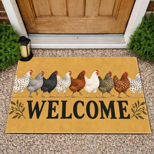 Colorful Farm Chickens Welcome Guests With Cheerful Country Charm for Farmhouse Homes Doormat