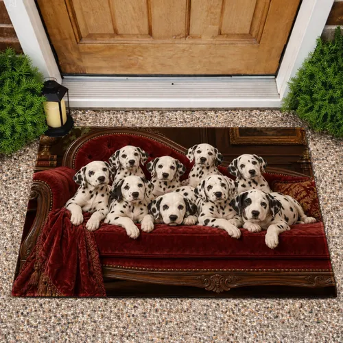 Spotted Dalmatian Puppies Lounging on Red Chaise for Cozy Pet Lover Home Styling Doormat