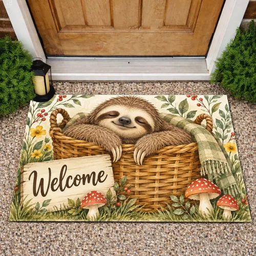 Sleepy Sloth in Woven Basket with Welcome Sign for Cozy Nature-Inspired Entryways Doormat