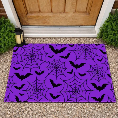 Purple Spiderwebs And Black Bats For A Spooky Halloween Entrance And Seasonal Home Style Doormat