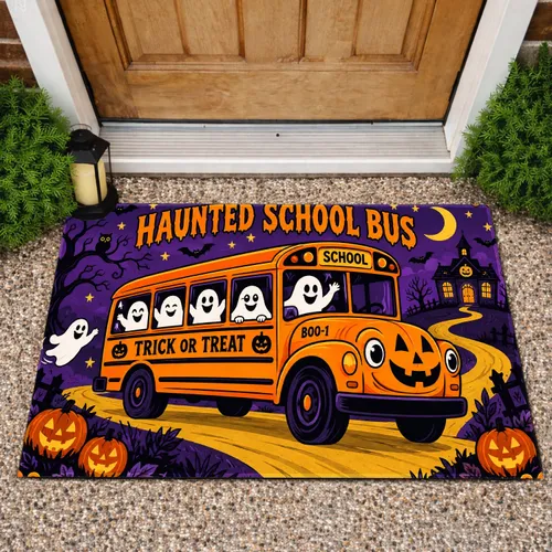 Haunted Orange School Bus With Friendly Ghosts For Halloween Nighttime Family Fun Doormat