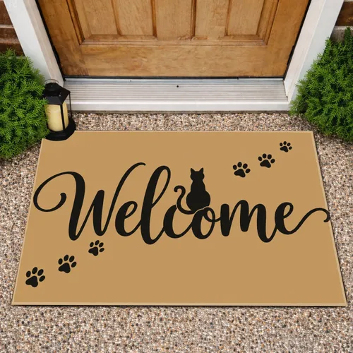 Black Cat Welcome Script with Paw Prints for Cozy Cat Lover Entryway and Home Style Doormat