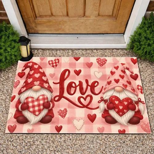 Plaid Heart Gnomes with Love for Valentine Celebrations and Cozy Seasonal Homes Doormat