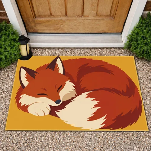 Curled Sleeping Red Fox on Golden Ochre for Cozy Woodland-Inspired Home Interiors Doormat
