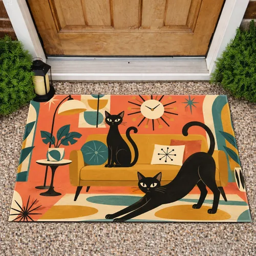 Black Cat Duo Midcentury Living Room Charm For Eclectic Cat Lover Home Decor Gift Doormat