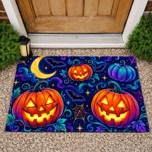 Neon Halloween Jack-O’-Lanterns and Moon for Spooky Autumn Celebrations at Home Doormat