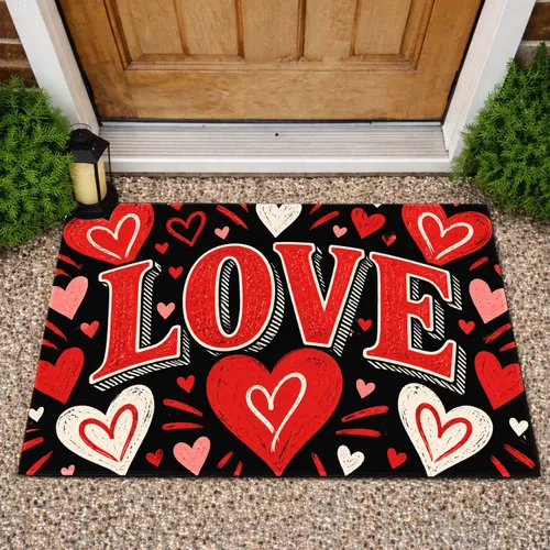 Bold Red and White LOVE Hearts for Valentine's Day Romance and Cozy Home Entryways Doormat
