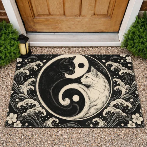 Yin Yang Cat Duo for Calm Zen Meditation Spaces and Peaceful Homes for Cat Lovers Doormat