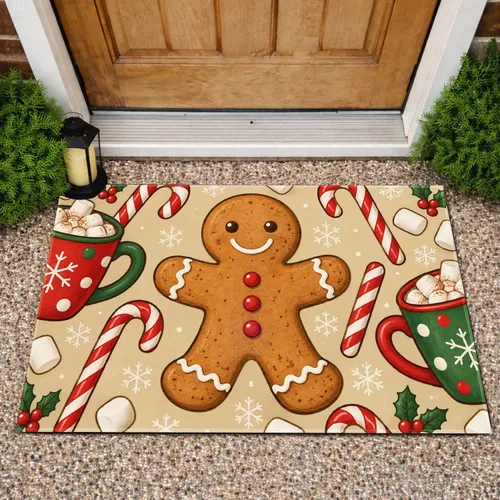 Gingerbread Man Candy Cane Mugs Christmas Treats for Cozy Holiday Kitchen Entryways Doormat