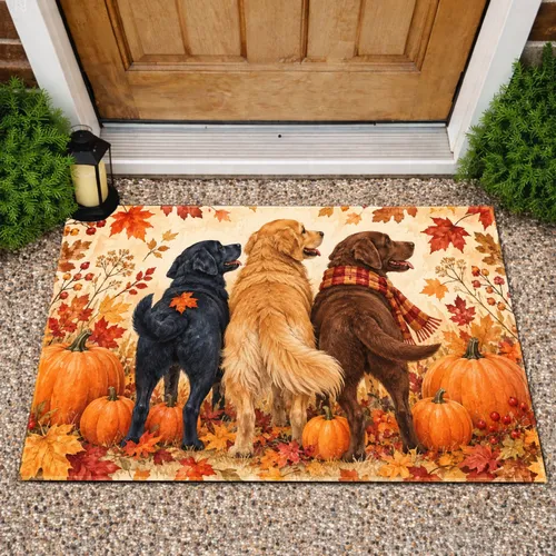 Three Cozy Dogs with Pumpkins and Autumn Leaves for a Warm Fall Home Entryway Doormat