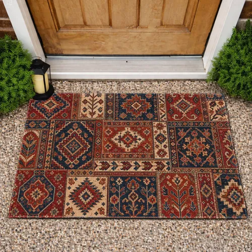 Vintage Red Persian Patchwork Motifs for Cozy Eclectic Bohemian Home Living Spaces Doormat