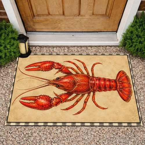 Bright Red Crawfish on Rustic Plaid for Southern Kitchen Charm and Country Home Style Doormat
