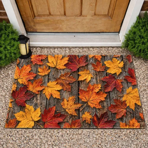 Vibrant Autumn Maple Leaves on Rustic Wood for Cozy Fall Entryway Seasonal Home Style Doormat
