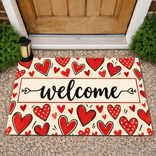 Red Heart Welcome Lettering for Valentine's Day Entryway and Romantic Home Decor Accent Doormat